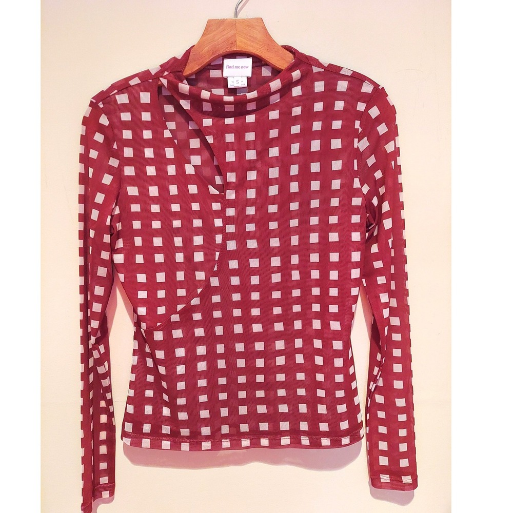 Find Me Now Chic Red Checkered Mesh Cutout Mock Neck Long Sleeve Y2KTop  Small